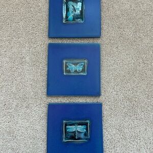 Set of Three Blue Butterfly, heron, and Dragonfly Tiles